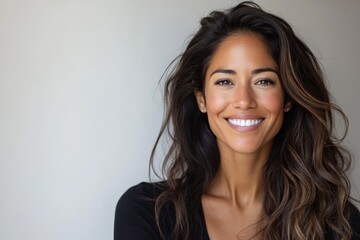 Fototapeta premium A natural portrait of a woman with long hair, smiling warmly, exemplifying grace and warmth, with a gentle, friendly demeanor, set against a simple background.