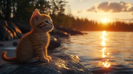 Obraz premium A Fluffy Kitten Sitting on a Rock at the Beach