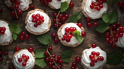 Obraz premium Mini red currant pavlovas topped with whipped cream on a rustic wood background with fresh currants and mint leaves