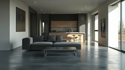 Fototapeta premium Minimalist Industrial Living Room with Concrete Floors, Charcoal Gray Sofa, and Metal Coffee Table for a Sleek, Open Space