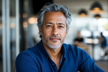 Fototapeta premium A mature man with gray hair and beard is seated indoors wearing a blue shirt, looking contemplatively into the camera with blurred background ambiance.