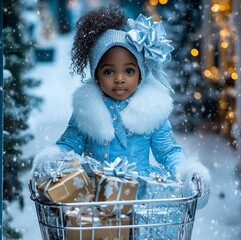 Amazing high resolution photo of a little African American girl dressed as Snow Maiden carrying New Year's gifts in a cart, ready to celebrate Christmas