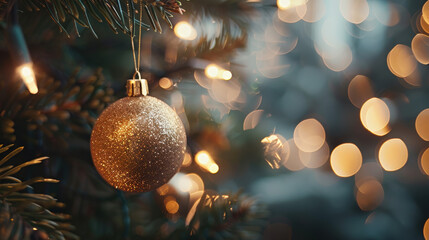 Shiny Christmas ball hanging on a tree branch with blurred Christmas lights in the background