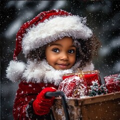 Amazing high resolution photo of a little African American girl dressed as Snow Maiden carrying New Year's gifts in a cart, ready to celebrate Christmas