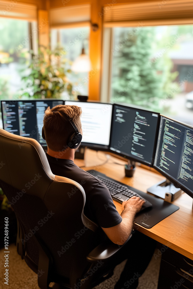 Poster a person is focused on coding at a modern workstation featuring multiple computer monitors and green