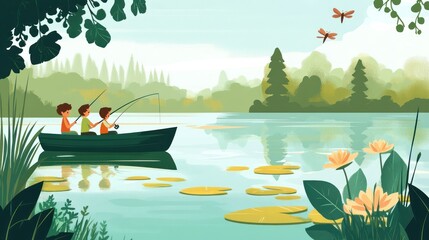 Three young boys enjoy a peaceful day fishing on a tranquil lake surrounded by lush greenery.