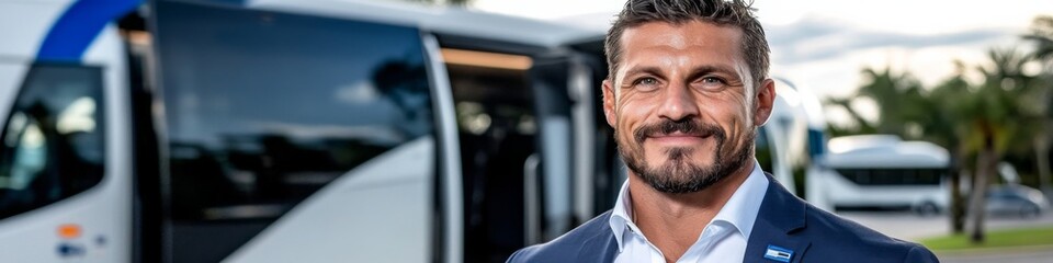 Fototapeta premium A confident man stands beside a modern bus in a sunny outdoor location during a transportation event in the afternoon