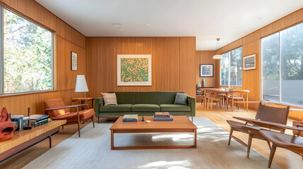 Minimalist Mid-Century Modern Living Room with Light Wood Paneling, Muted Green Sofa, and Walnut Coffee Table for a Refined Retro Space