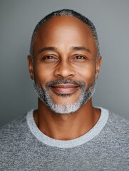 Obraz premium A content man with a salt-and-pepper beard and short hair smiles gently into the camera. His face is calm and relaxed against a neutral gray background indoors.