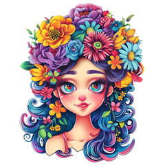 Naklejka premium Female portrait. Flowers in hair. Illustration 