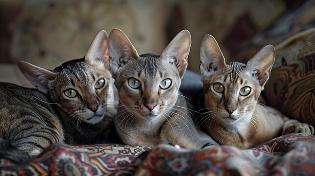 A visually captivating image of three elegant cats, comfortably nestled together with their eyes fixed forward, showcasing their sleek forms and serene expressions.