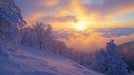 
A winter sunrise at a plateau reveals a breathtaking scene with the sky painted in shades of orange, pink, and gold