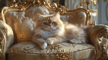 Fluffy Persian Cat Lounging on Luxurious Sofa