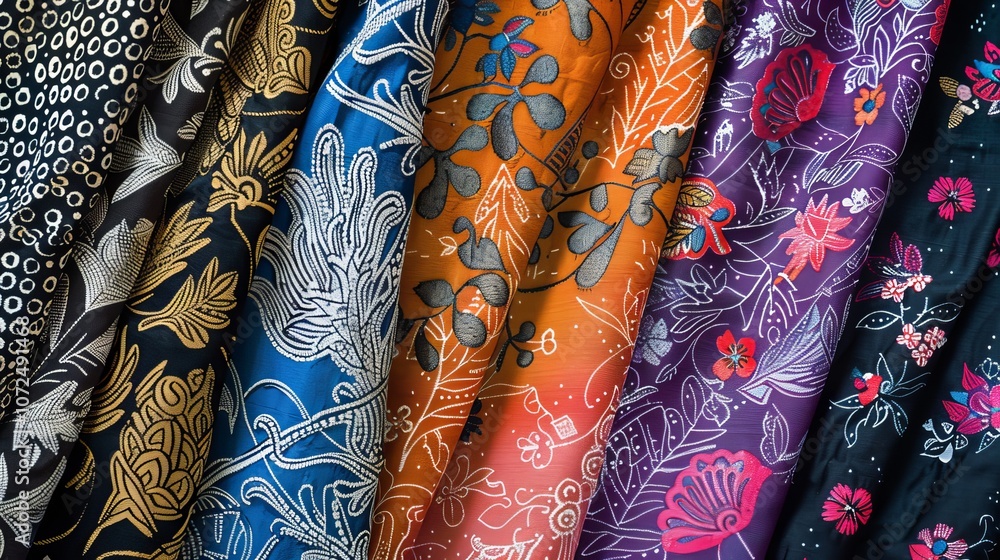 Poster a selection of vibrant patterned fabrics on display features intricate floral and geometric designs,
