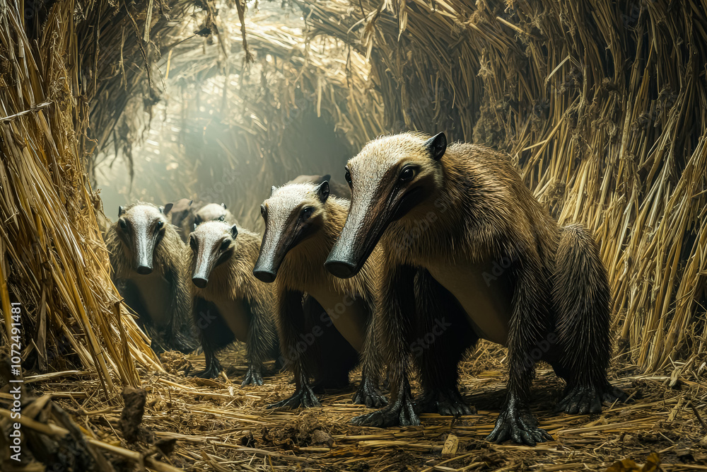 Poster group of badgers are standing in a field of hay. the badgers are all facing the camera and appear to