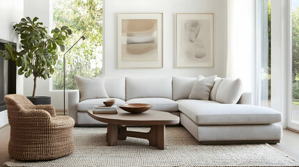 Minimalist Coastal Living Room with Soft White Walls, Light Gray Sofa, and Woven Rug, Featuring Clean Lines and Natural Light for a Breezy, Open, and Serene Atmosphere