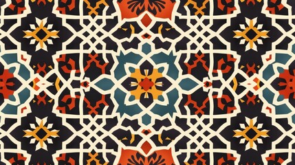 An eye-catching geometric pattern, blending vibrant colors and intricate floral motifs, offering a complex visual with an ornate and symmetrical design core.