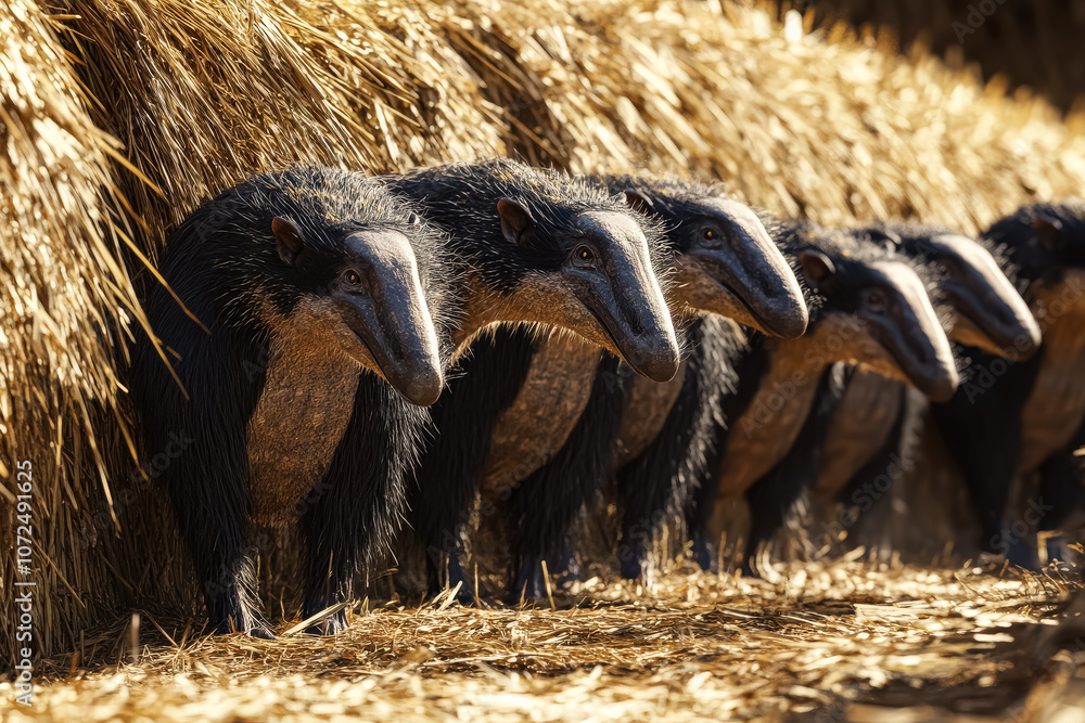 Poster group of badgers are standing in a field of hay. the badgers are all facing the camera and appear to