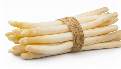 fresh ripe white asparagus in bunch isolated on a white background full depth of field focus stacking