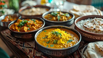 Obraz premium Traditional Indian curry dishes with yellow dal, chickpea masala and rice served in authentic copper bowls, perfect for restaurant menu, food delivery or cooking blog promotion.