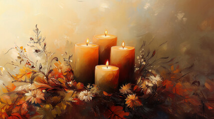 autumnal burning ombre candles gold light autumn fall leaves seasonal background wallpaper illustration backdrop