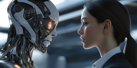 Fototapeta premium A businesswoman in a professional suit facing a fully-rendered robot hologram in a futuristic setting. The hologram is intricate and hyper-realistic, with the businesswomanas face reflecting the digit