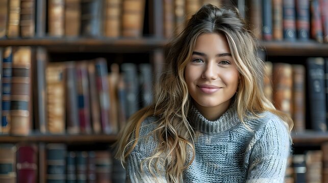 Young Caucasian woman with long wavy blonde hair wearing cozy gray sweater smiling at camera in library setting with vintage books on wooden shelves, perfect for education or lifestyle design.