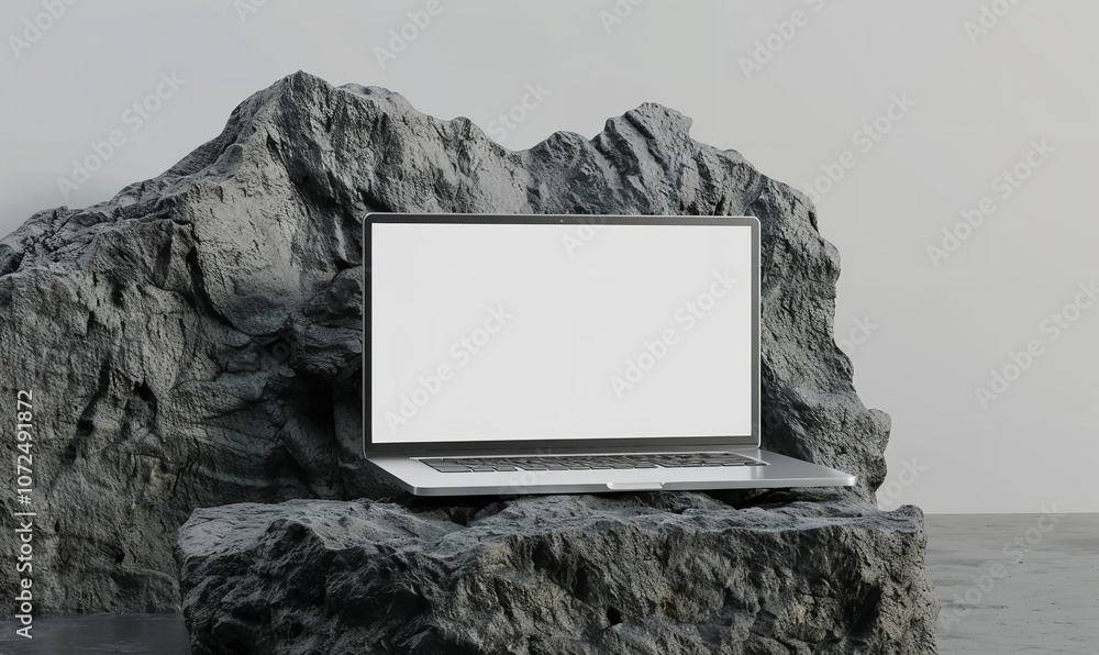 Fototapete an up-close view of a blank white laptop screen on a rock podium. technology demonstration and conce