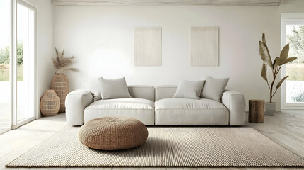 Minimalist Coastal Living Room with Soft White Walls, Light Gray Sofa, and Woven Rug, Featuring Clean Lines and Natural Light for a Breezy, Open, and Serene Atmosphere