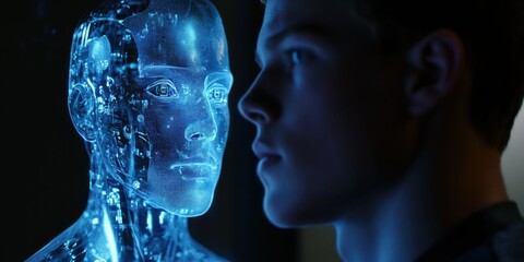 A close-up shot of a manas face as he stands in front of a holographic robotic figure. The hologram glows blue and transparent, casting soft light across the manas features.
