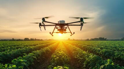 Drone Flying Over a Field at Sunset
