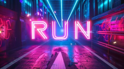 A neon sign with the word run in neon pink letters. The sign is set in a dark, urban environment with graffiti on the walls