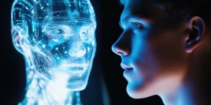 A close-up shot of a manas face as he stands in front of a holographic robotic figure. The hologram glows blue and transparent, casting soft light across the manas features.