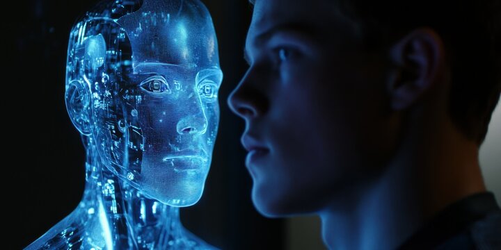 A close-up shot of a manas face as he stands in front of a holographic robotic figure. The hologram glows blue and transparent, casting soft light across the manas features.