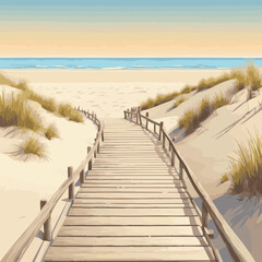 Boardwalk and stairs leading through the dunes to the beach of North Sea by sunset in Norddorf, Amrum, Schleswig-Holstein. Bathing and beach vacation on the North Sea.