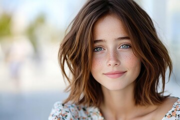 Fototapeta premium A young woman with freckles and short brown hair smiles gently, wearing a floral dress. She has bright, expressive eyes, conveying warmth and friendliness.
