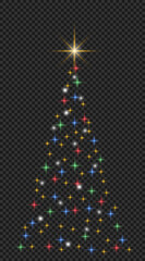 Art & IlluMulticolored shiny bokeh lights and sparkling stars. Christmas tree on a transparent background.   colored Christmas tree. Vector isolated illustration on a transparent background. Nestratio