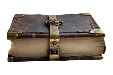An ancient book with weathered pages isolated on a transparent background.