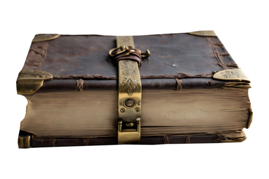 An ancient book with weathered pages isolated on a transparent background.