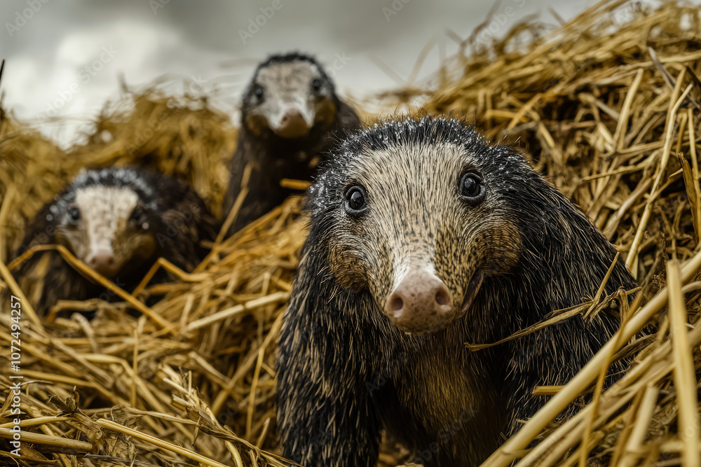 Poster group of badgers are standing in a field of hay. the badgers are all facing the camera and appear to