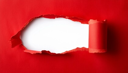 gap in torn red paper on white background copy space