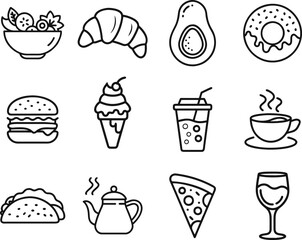Food and Drink Icon Set 12 Delicious Line Art Designs