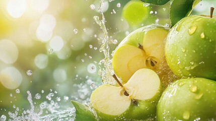 Fresh Green Apples Splashing in Water