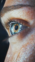 A close-up of an eye with a cosmic scene reflected within, blending human and celestial elements, evoking wonder and exploration through vivid details.