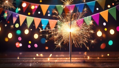 a dazzling sparkler igniting under festively strung colorful lights and bunting celebrating an eventful occasion in style and flair
