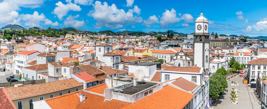 A panorama view northeast over the rooftops in Ponta Delgada on the island of Sao Miguel in the Azores in summertime