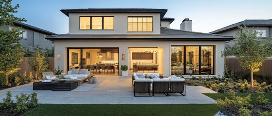 Fototapeta premium Modern home with backyard patio and seating area.