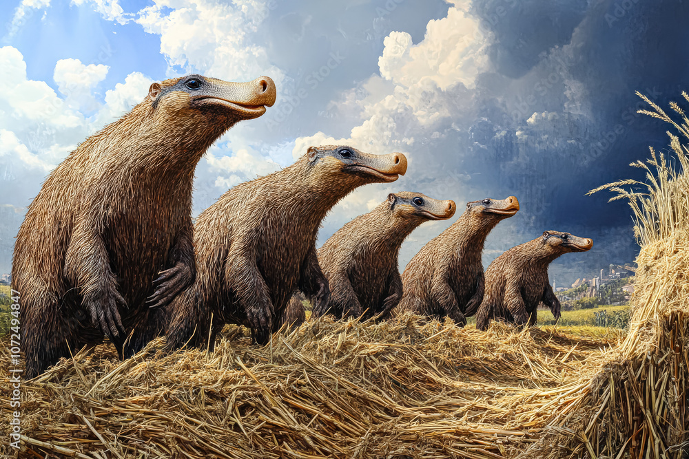 Poster group of four bears are standing in a field of tall grass. the bears are all looking at the camera a
