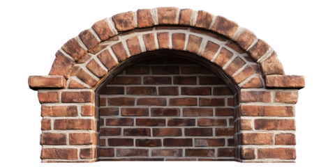 Traditional brick arched fireplace with classic design elements on a transparent background. Great for construction visualization.