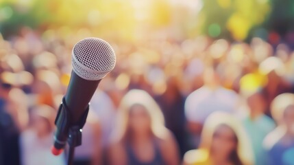 Microphone in Focus with Blurred Audience, capturing the ambiance of an outdoor event or public speaking opportunity.